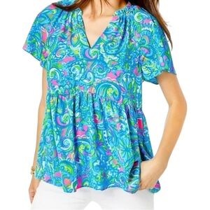 Lilly Pulitzer Zadie Top Women’s Size Medium Seabreeze Blue Floral Peplum Blouse